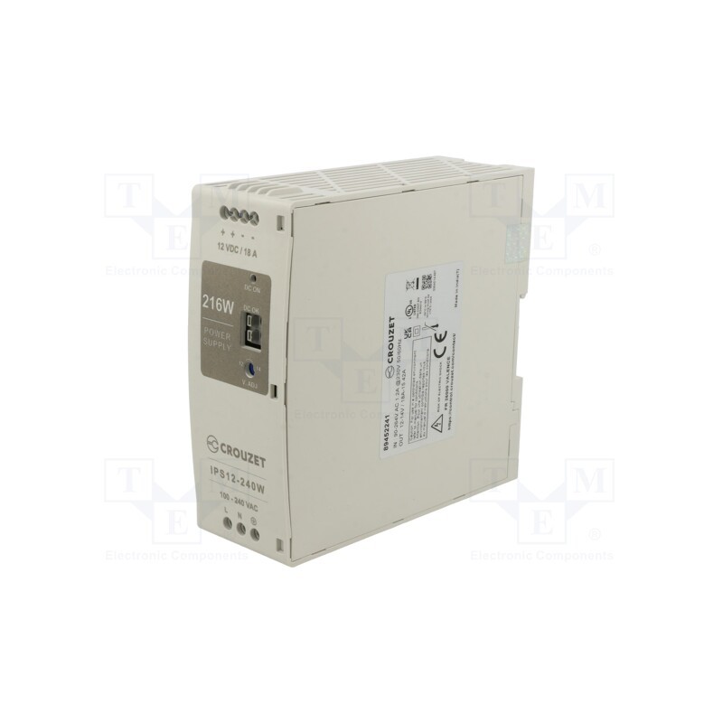 1 pcs x CROUZET - 89452241 - Power supply: switched-mode, for DIN rail, 216W, 12VDC, 18A, 92%