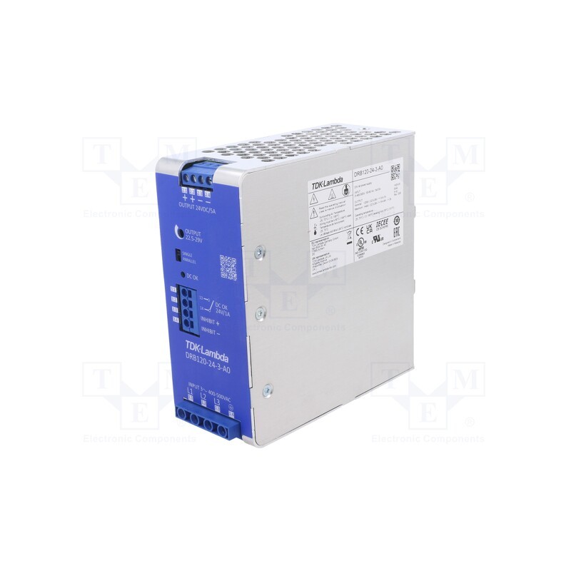 1 pcs x TDK-LAMBDA - DRB120-24-3-A0 - Power supply: switched-mode, for DIN rail, 120W, 24VDC, 5A, 89÷91%