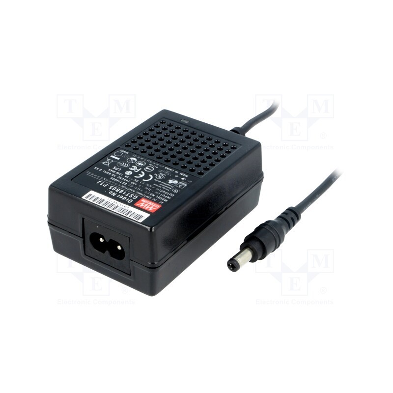 1 pcs x MEAN WELL - GST18B05-P1J - Power supply: switched-mode, 5VDC, 3A, Out: 5,5/2,1, 15W, 85÷264VAC