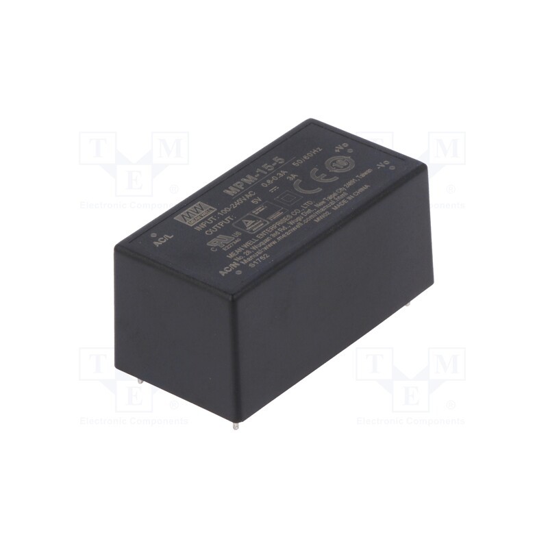 1 pcs x MEAN WELL - MPM-15-5 - Converter: AC/DC, 15W, 80÷264VAC, 5VDC, Iout: 3A, OUT: 1, 85.5%, PCB