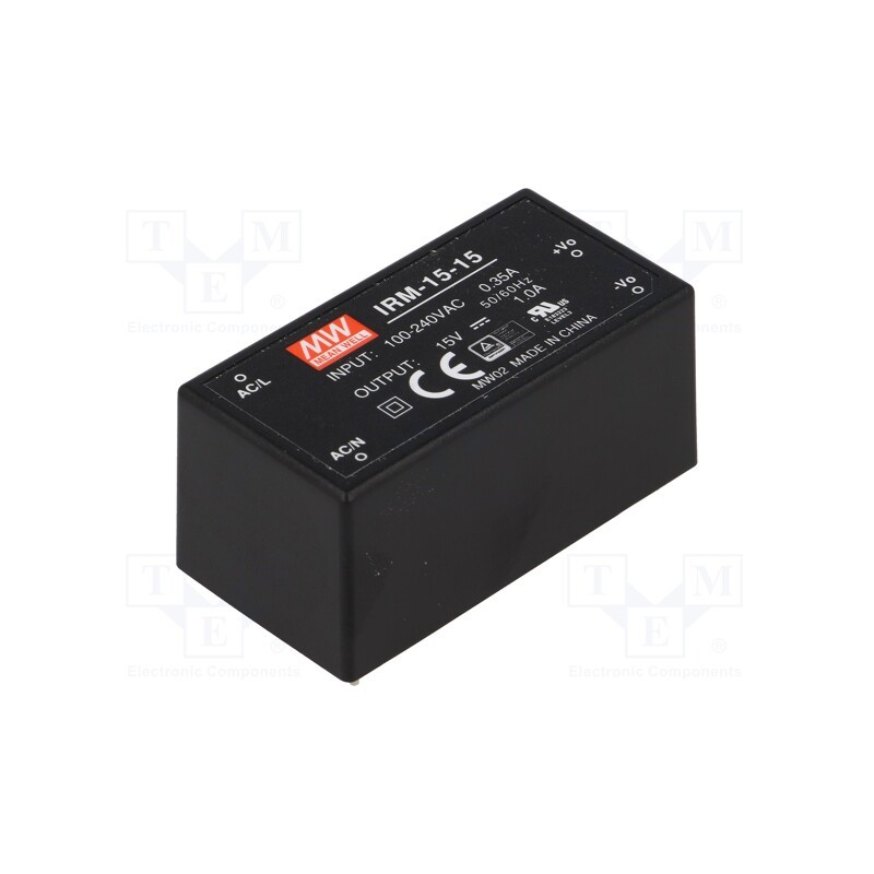 1 pcs x MEAN WELL - IRM-15-15 - Converter: AC/DC, 15W, 85÷264VAC, Usup: 120÷370VDC, Uout: 15VDC