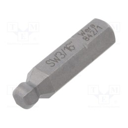 1 pcs x WERA - 5380108001 - Screwdriver bit, hex key,spherical, HEX 3/16', Overall len: 25mm