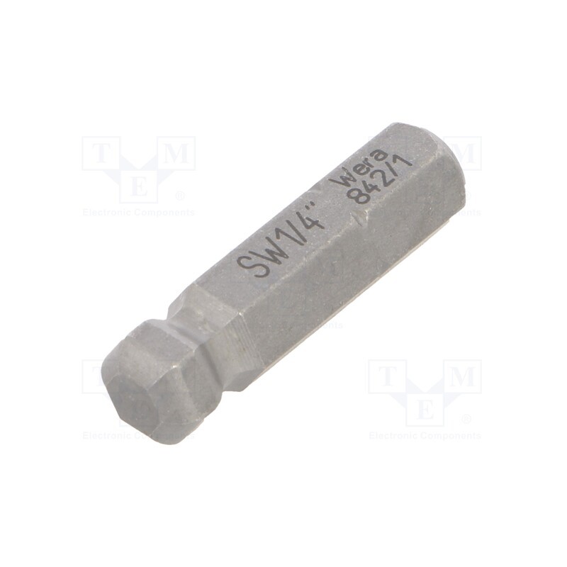 1 pcs x WERA - 5380110001 - Screwdriver bit, hex key,spherical, HEX 1/4', Overall len: 25mm