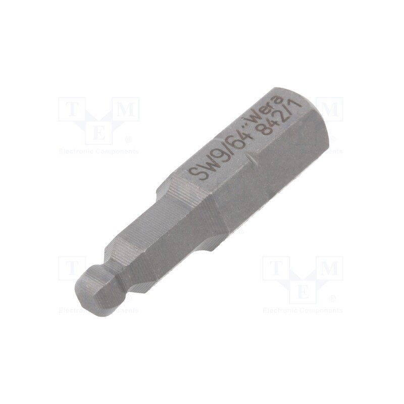1 pcs x WERA - 5380106001 - Screwdriver bit, hex key,spherical, HEX 9/64', Overall len: 25mm