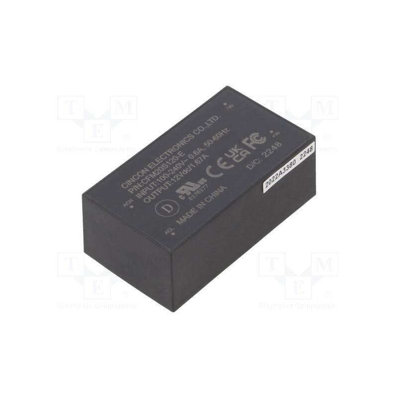 1 pcs x CINCON - CFM20S120-E - Converter: AC/DC, 20W, 90÷264VAC, Usup: 120÷370VDC, Uout: 12VDC