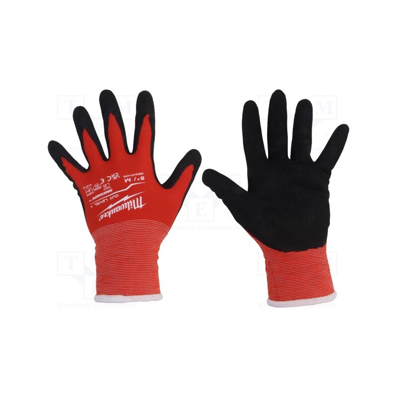 1 set x Milwaukee - 4932471416 - Protective gloves, Size: 8,M, black/red, Resistance to: cutting