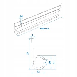 Aluminum rail for kedra 90 degrees 100 x 2 7 cm
