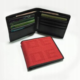 The bride's leather wallet made of black and red racing fabric
