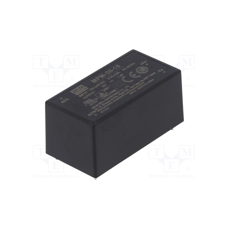 1 pcs x MEAN WELL - MPM-20-15 - Converter: AC/DC, 20W, 80÷264VAC, 15VDC, Iout: 1.4A, OUT: 1, 87%, PCB