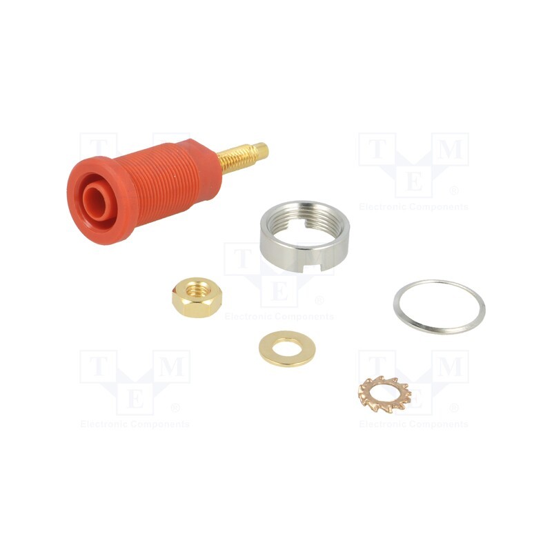 1 pcs x SCHu00dcTZINGER - SEB 6446 AU / RT - Socket, 4mm banana, 32A, 1kV, red, gold-plated, on panel, 40mm, 5mΩ