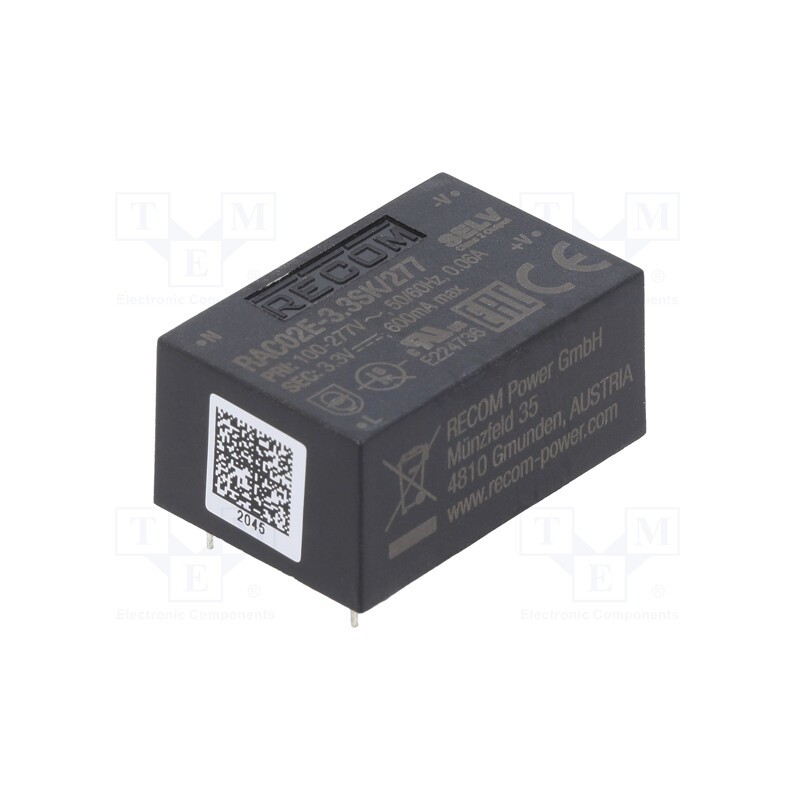 1 pcs x RECOM - RAC02E-3.3SK/277 - Converter: AC/DC, 2W, 85÷305VAC, 3.3VDC, Iout: 600mA, 68%, PCB, 4000V