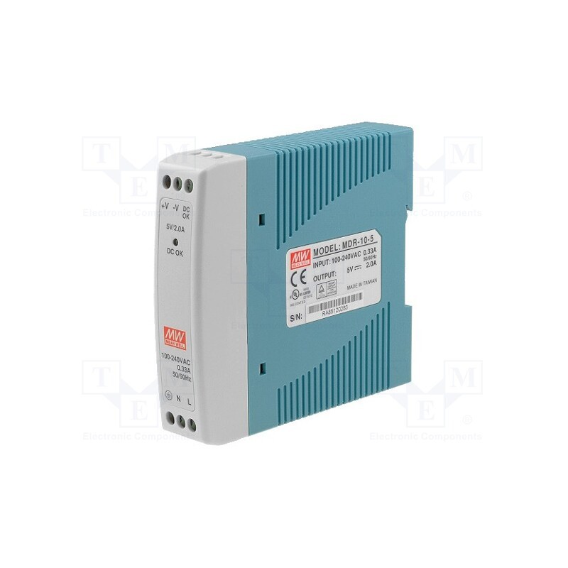 1 pcs x MEAN WELL - MDR-10-5 - Power supply: switched-mode, for DIN rail, 10W, 5VDC, 2A, OUT: 1