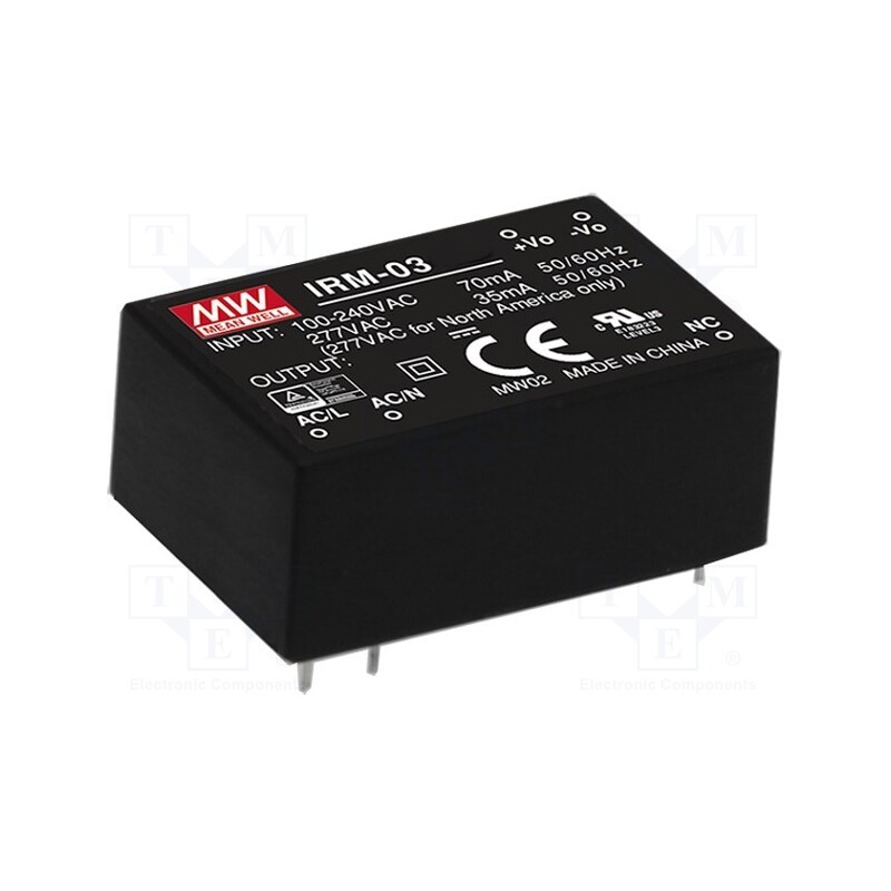 1 pcs x MEAN WELL - IRM-03-5 - Converter: AC/DC, 3W, 85÷305VAC, 5VDC, Iout: 600mA, OUT: 1, 72%, PCB