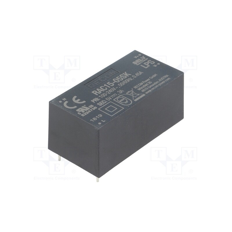 1 pcs x RECOM - RAC15-05SK - Converter: AC/DC, 15W, 85÷264VAC, Usup: 120÷370VDC, Uout: 5VDC, 84%