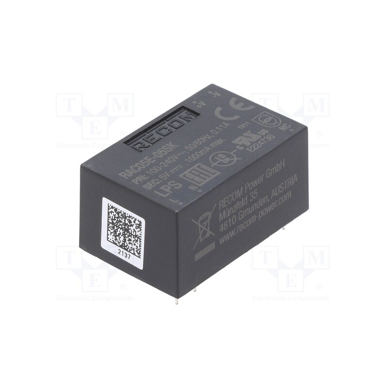 1 pcs x RECOM - RAC05E-05SK - Converter: AC/DC, 5W, 90÷264VAC, Usup: 130÷370VDC, Uout: 5VDC, 74%