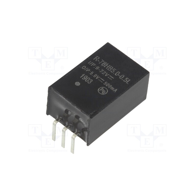 1 pcs x RECOM - R-78HB5.0-0.5L - Converter: DC/DC, 2.5W, Uin: 9÷72V, Uout: 5VDC, Iout: 0.5A, SIP3, PCB