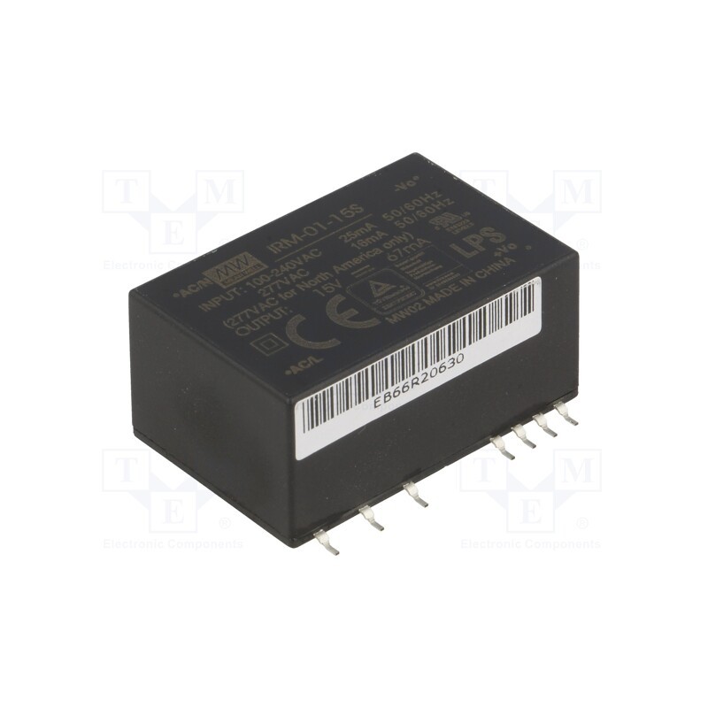 1 pcs x MEAN WELL - IRM-01-15S - Converter: AC/DC, 1W, 85÷305VAC, Usup: 120÷430VDC, Uout: 15VDC, 75%