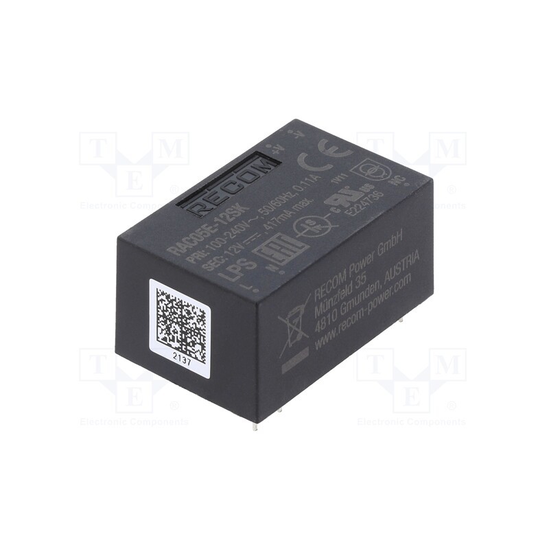 1 pcs x RECOM - RAC05E-12SK - Converter: AC/DC, 5W, 90÷264VAC, Usup: 130÷370VDC, Uout: 12VDC, 78%