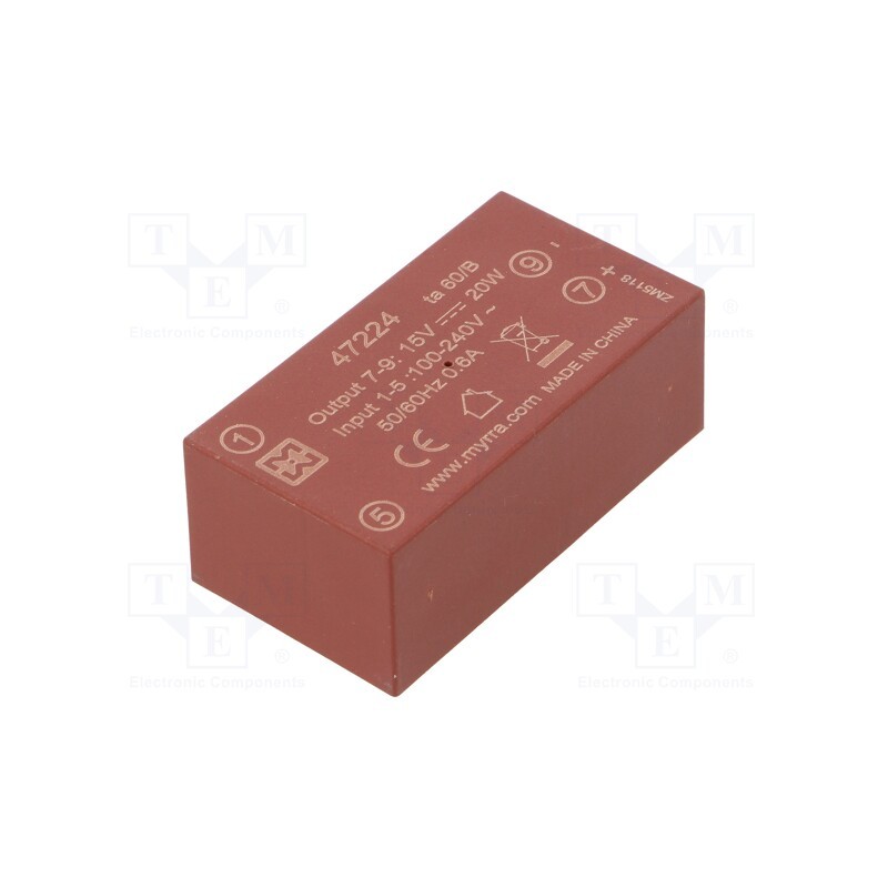 1 pcs x MYRRA - 47224 - Converter: AC/DC, 20W, 85÷265VAC, Usup: 120÷370VDC, Uout: 15VDC