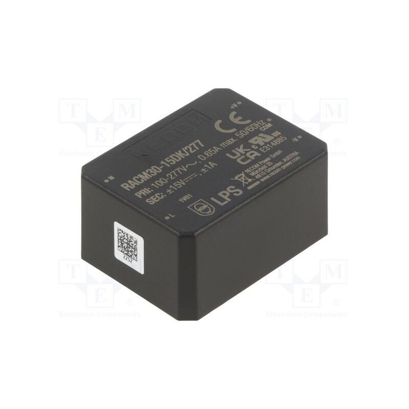 1 pcs x RECOM - RACM30-15DK/277 - Converter: AC/DC, 30W, 85÷305VAC, Uout: 15VDC, Uout2: -15VDC, 86%