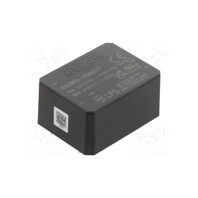 1 pcs x RECOM - RACM30-12DK/277 - Converter: AC/DC, 30W, 85÷305VAC, Uout: 12VDC, Uout2: -12VDC, 86%