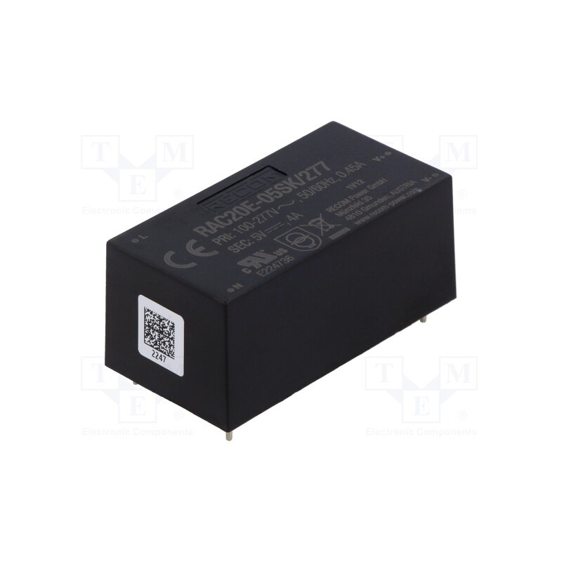 1 pcs x RECOM - RAC20E-05SK/277 - Converter: AC/DC, 20W, 85÷305VAC, 5VDC, Iout: 4000mA, 80%, PCB, 4000V