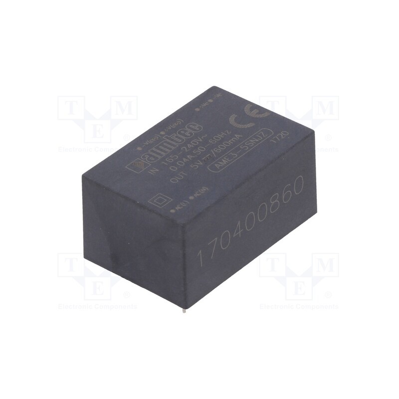 1 pcs x AIMTEC - AME3-5SNJZ - Converter: AC/DC, 3W, 165÷264VAC, Usup: 233÷370VDC, Uout: 5VDC, 71%