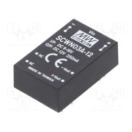 1 pcs x MEAN WELL - SCWN03A-12 - Converter: DC/DC, 3W, Uin: 9÷18V, Uout: 12VDC, Iout: 250mA, DIP24