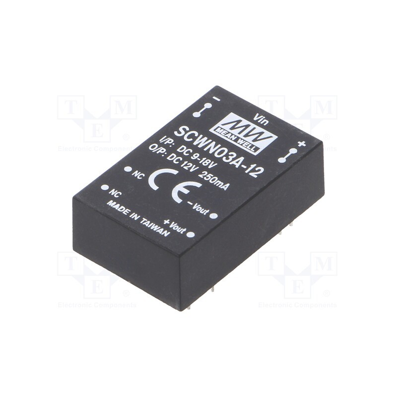 1 pcs x MEAN WELL - SCWN03A-12 - Converter: DC/DC, 3W, Uin: 9÷18V, Uout: 12VDC, Iout: 250mA, DIP24