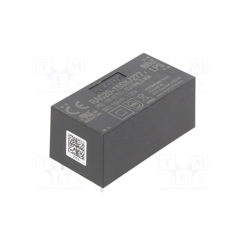 1 pcs x RECOM - RAC20-15SK/277 - Converter: AC/DC, 20W, 85÷305VAC, Usup: 120÷430VDC, Uout: 15VDC