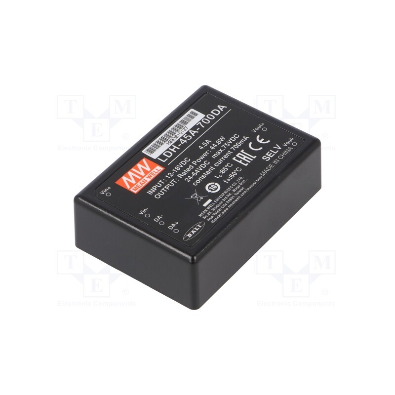 1 pcs x MEAN WELL - LDH-45A-700DA - Converter: DC/DC, 44.8W, Uin: 9÷18V, Uout: 24÷64VDC, Iin: 4.2A, THT