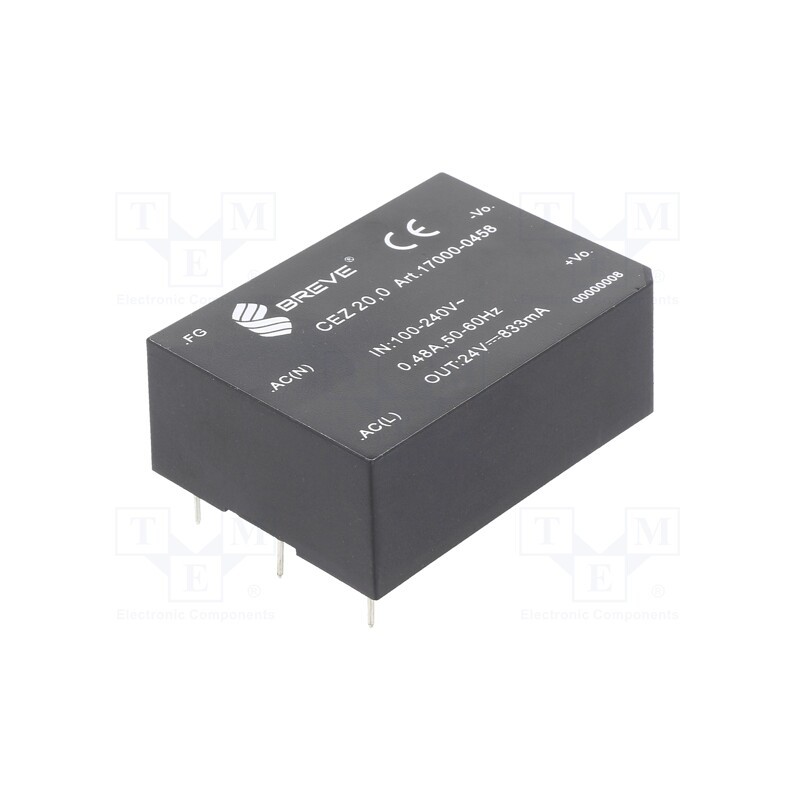 1 pcs x BREVE TUFVASSONS - 17000-0458 - Converter: AC/DC, 20W, 85÷265VAC, Usup: 120÷380VDC, Uout: 24VDC