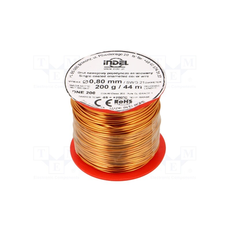 1 rol x INDEL - DNE0,80-200G - Coil wire, single coated enamelled, 0.8mm, 0.2kg, -65÷200°C