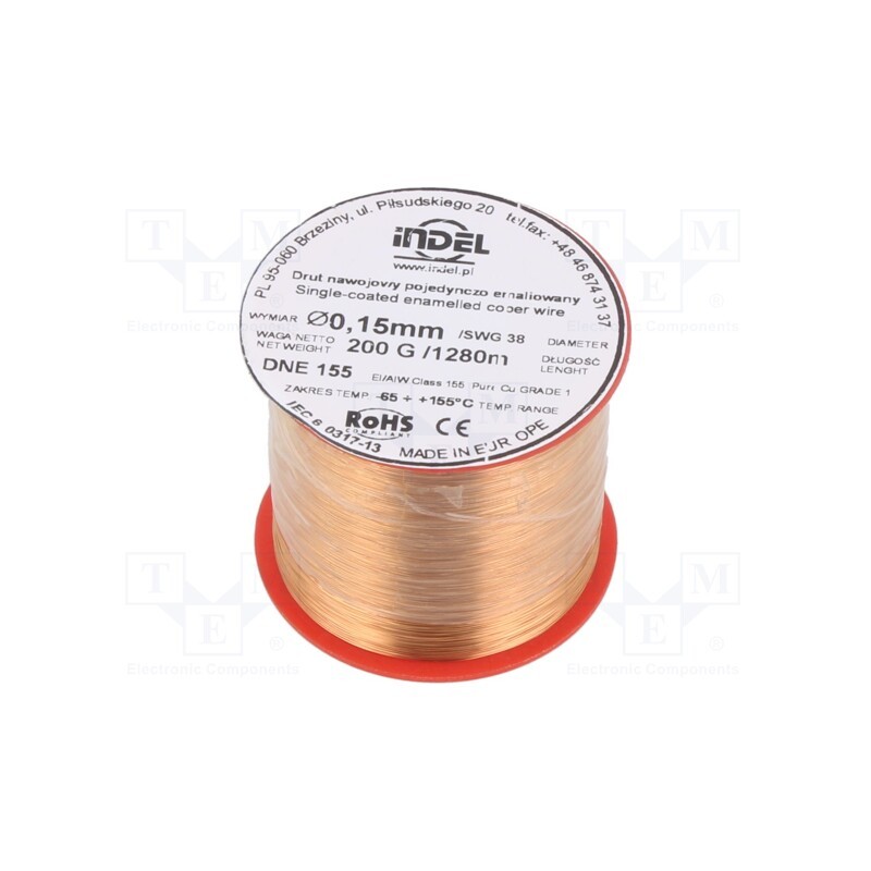 1 rol x INDEL - DNE0,15-200G - Coil wire, single coated enamelled, 0.15mm, 0.2kg, -65÷155°C