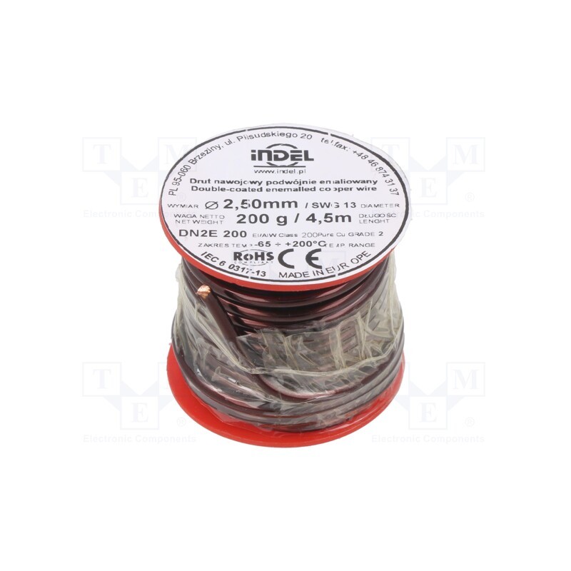 1 rol x INDEL - DN2E2,5-200G - Coil wire, double coated enamelled, 2.5mm, 0.2kg, -65÷200°C