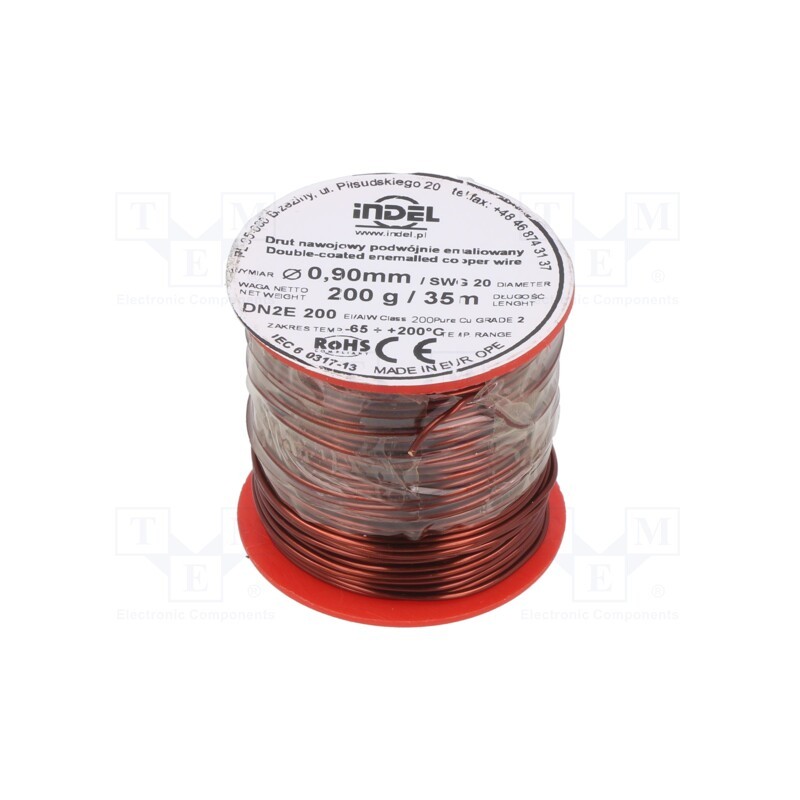 1 rol x INDEL - DN2E0,90-200G - Coil wire, double coated enamelled, 0.9mm, 0.2kg, -65÷200°C