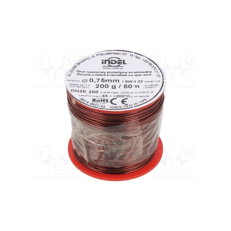 1 rol x INDEL - DN2E0,75-200G - Coil wire, double coated enamelled, 0.75mm, 0.2kg, -65÷200°C