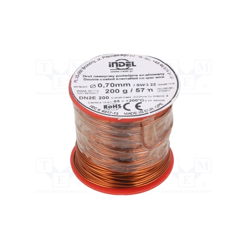 1 rol x INDEL - DN2E0,70-200G - Coil wire, double coated enamelled, 0.7mm, 0.2kg, -65÷200°C