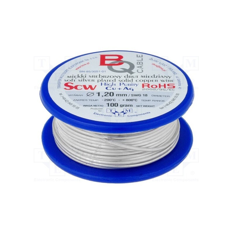 1 rol x BQ CABLE - SCW-1.20/100 - Silver plated copper wires, 1.2mm, 100g, Cu,silver plated, 9.5m