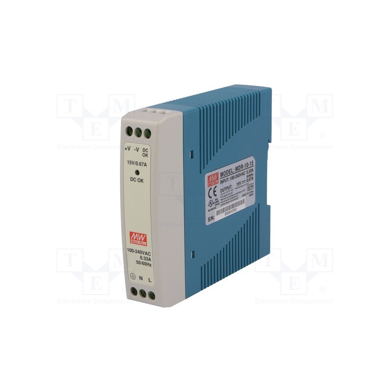 1 pcs x MEAN WELL - MDR-10-15 - Power supply: switched-mode, for DIN rail, 10W, 15VDC, 0.67A, 81%