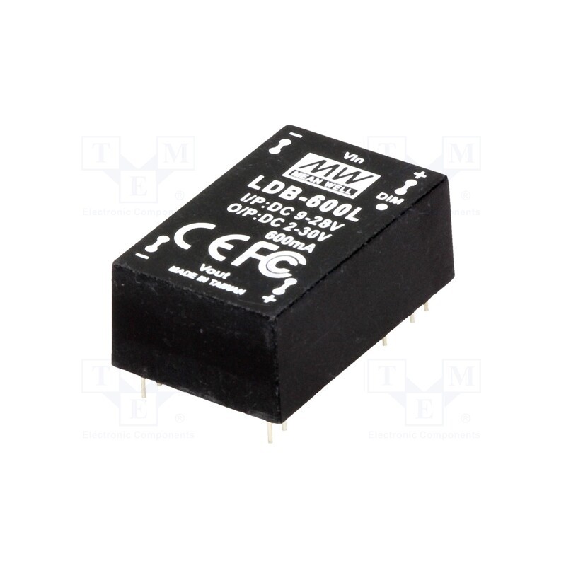 1 pcs x MEAN WELL - LDB-600L - Converter: DC/DC, 18W, Uin: 9÷28V, Uout: 2÷30VDC, Iin: 910mA, THT