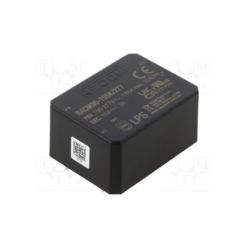 1 pcs x RECOM - RACM30-15SK/277 - Converter: AC/DC, 30W, 85÷305VAC, 15VDC, Iout: 2000mA, 90%, PCB