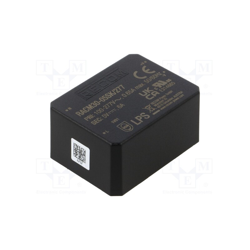 1 pcs x RECOM - RACM30-05SK/277 - Converter: AC/DC, 30W, 85÷305VAC, 5VDC, Iout: 6000mA, 86%, PCB, 4000V