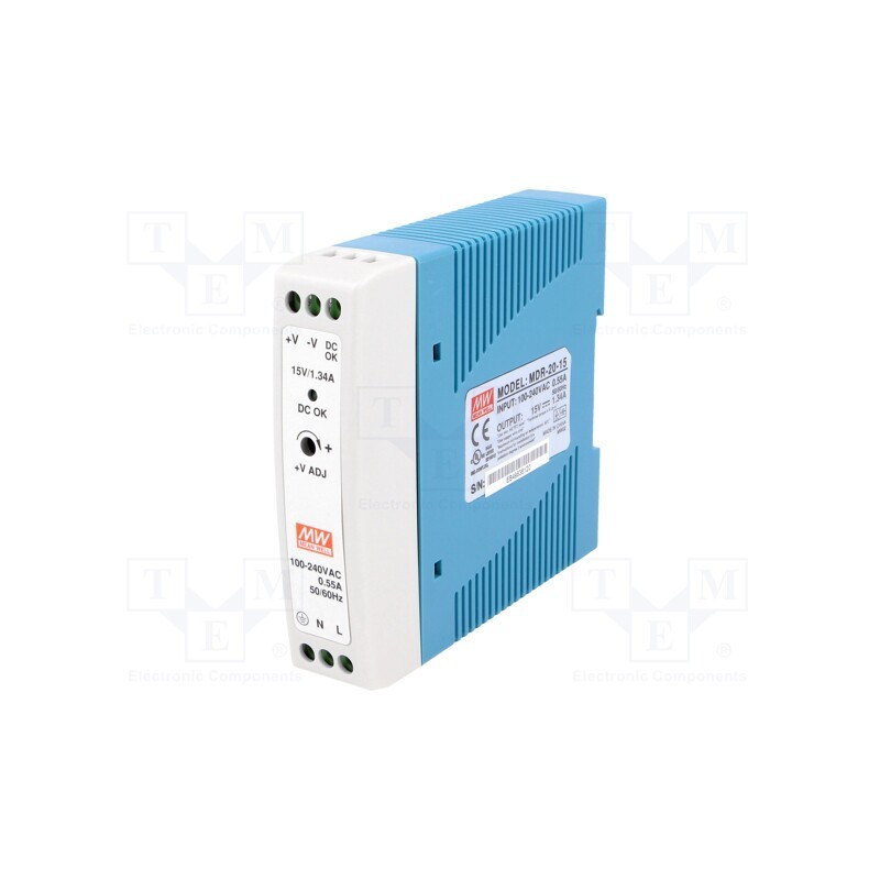 1 pcs x MEAN WELL - MDR-20-15 - Power supply: switched-mode, for DIN rail, 20W, 15VDC, 1.34A, 81%