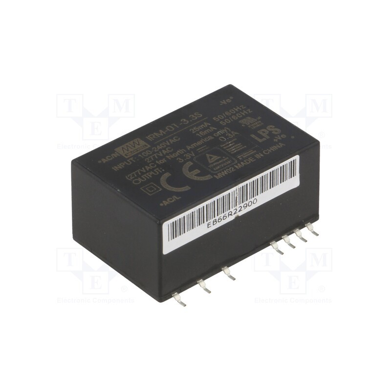 1 pcs x MEAN WELL - IRM-01-3.3S - Converter: AC/DC, 1W, 85÷305VAC, Usup: 120÷430VDC, Uout: 3.3VDC