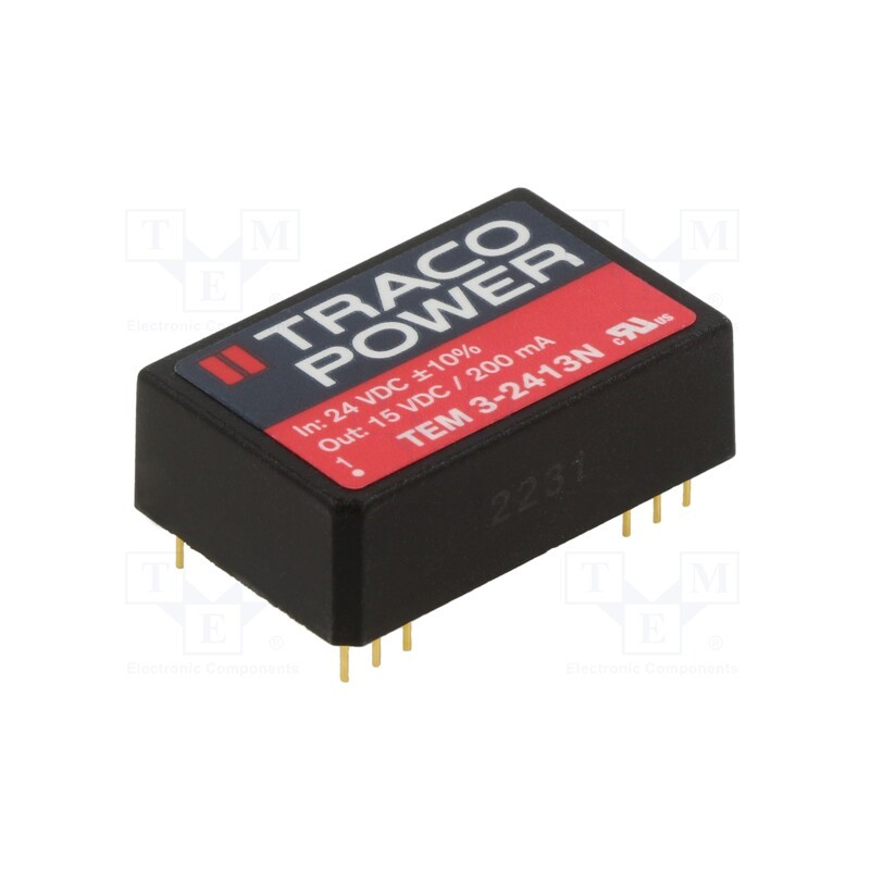 1 pcs x TRACO POWER - TEM 3-2413N - Converter: DC/DC, 3W, Uin: 21.6÷26.4V, Uout: 15VDC, Iout: 200mA