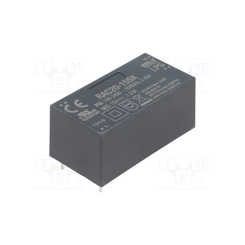 1 pcs x RECOM - RAC20-15SK - Converter: AC/DC, 20W, 85÷264VAC, Usup: 120÷370VDC, Uout: 15VDC