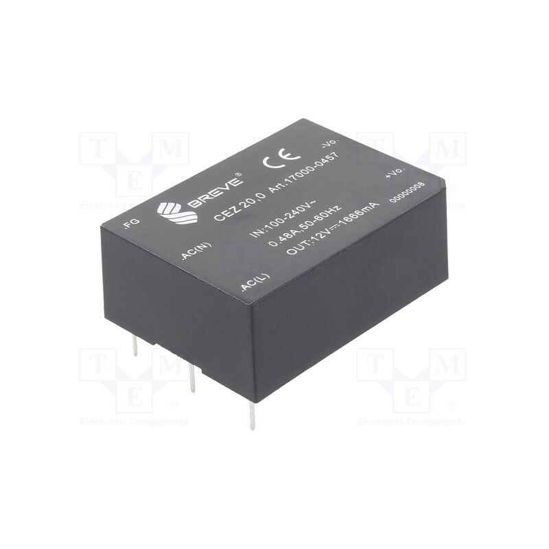 1 pcs x BREVE TUFVASSONS - 17000-0457 - Converter: AC/DC, 20W, 85÷265VAC, Usup: 120÷380VDC, Uout: 12VDC