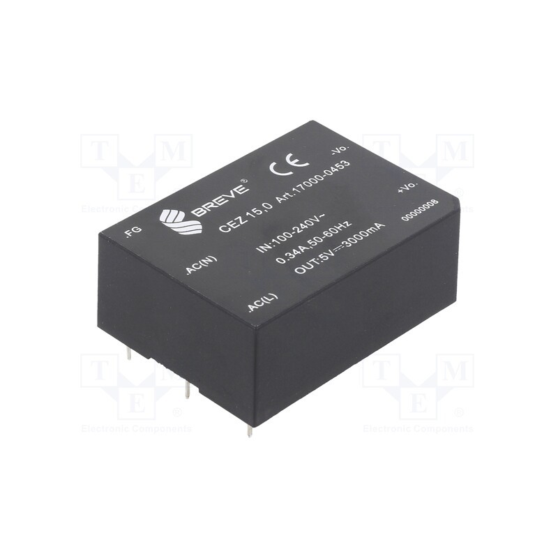 1 pcs x BREVE TUFVASSONS - 17000-0453 - Converter: AC/DC, 15W, 85÷265VAC, Usup: 120÷380VDC, Uout: 5VDC