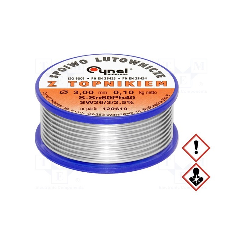 1 pcs x CYNEL - LC60-3.00/0.1 - Soldering wire, Sn60Pb40, 3mm, 0.1kg, lead-based, reel, 190°C, 2.5%